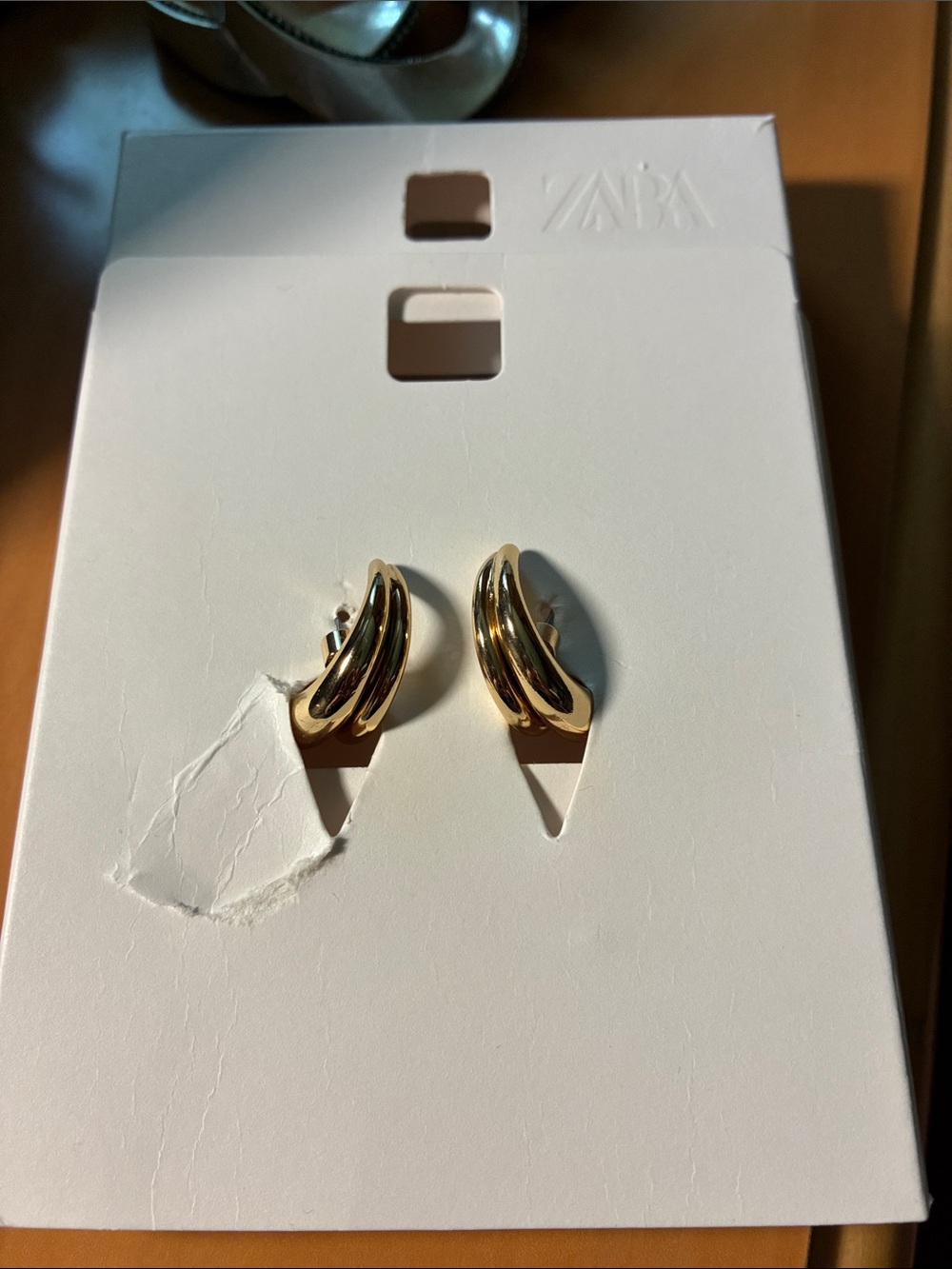 Zara Shiny Gold Twisted Double Hoop Stud Earrings